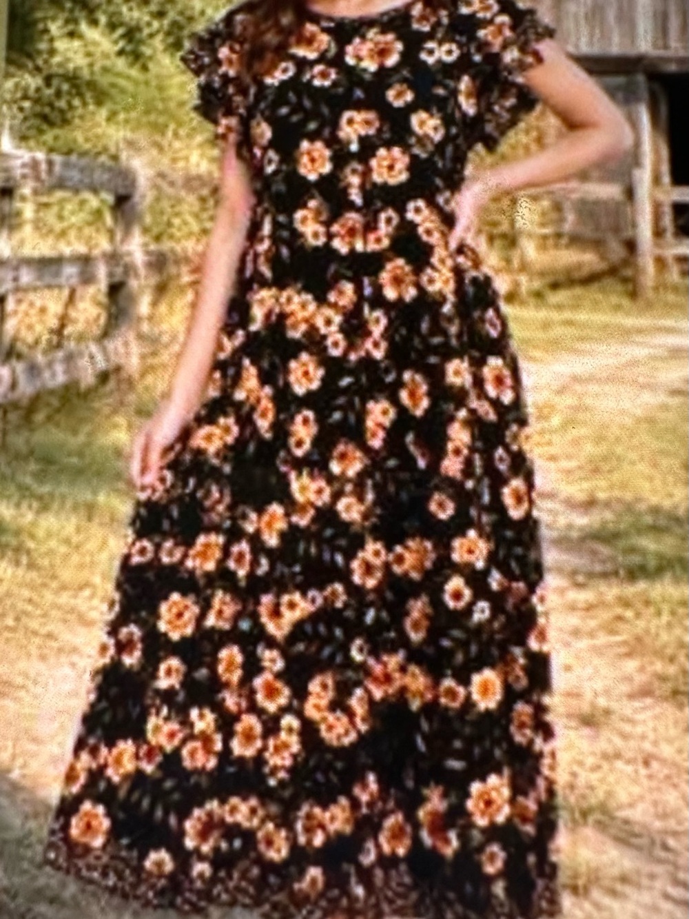Perceptions Black Dress with Peach Floral Print midi dress